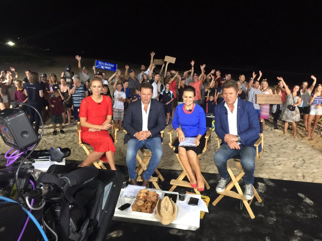 The Today Show crew on Mooloolaba Beach with a crowd of locals for their live broadcast on Thursday morning. Photo: Today / Twitter The Today Show crew on Mooloolaba Beach with a crowd of locals for their live broadcast on Thursday morning. Photo: Today / Twitter