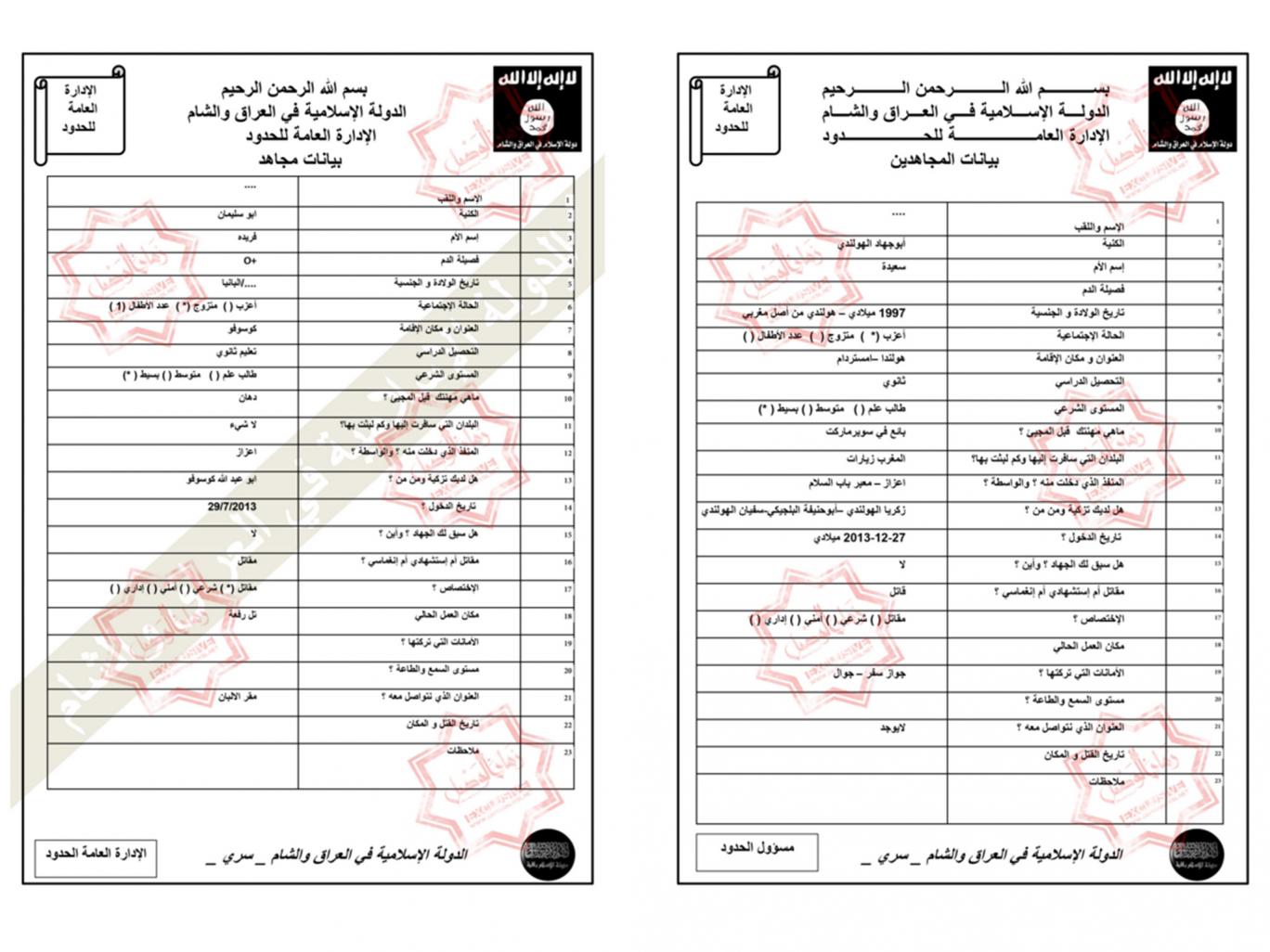 Pages of the documents stolen from an Isis leader. Pages of the documents stolen from an Isis leader.