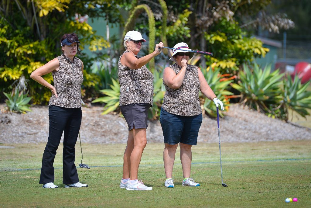 EYE ON THE BALL:Denise Busteed, Kris I'anson and Jo-anne Peterson discussing their best golf tactics out on the green. Photo Mike Richards / The Observer EYE ON THE BALL:Denise Busteed, Kris I'anson and Jo-anne Peterson discussing their best golf tactics out on the green. Photo Mike Richards / The Observer