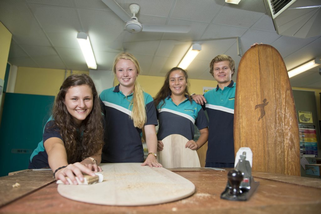 SURF'S UP: Leonie Machnitzke, 16 from Germany, Sunniva Brown-Pedersen, 17 from Norway, Linda Michaelsen, 17 from Norway and Kilian Lampe, 16 from Germany all created body boards as part of the Tannum Sands State High School international students program. Photo Paul Braven / The Observer SURF'S UP: Leonie Machnitzke, 16 from Germany, Sunniva Brown-Pedersen, 17 from Norway, Linda Michaelsen, 17 from Norway and Kilian Lampe, 16 from Germany all created body boards as part of the Tannum Sands State High School international students program. Photo Paul Braven / The Observer