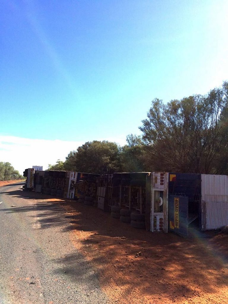 A B-triple road train rolled on the Mitchell Highway about 20km south of Charleville this morning. Photo: Charleville Neighbourhood Watch A B-triple road train rolled on the Mitchell Highway about 20km south of Charleville this morning. Photo: Charleville Neighbourhood Watch