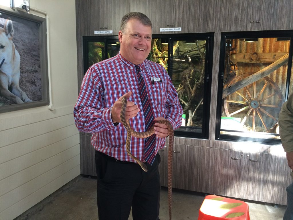 NEW HOME: Bundaberg Regional Council's health and regulatory spokesman Wayne Honor with one of 13 new reptiles at Alexandra Park Zoo. Photo Carolyn Archer / NewsMail NEW HOME: Bundaberg Regional Council's health and regulatory spokesman Wayne Honor with one of 13 new reptiles at Alexandra Park Zoo. Photo Carolyn Archer / NewsMail