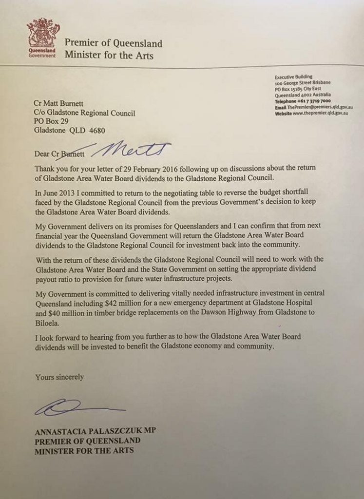 Letter from the Premier confirming GAWB dividends will flow back to the council. Letter from the Premier confirming GAWB dividends will flow back to the council.
