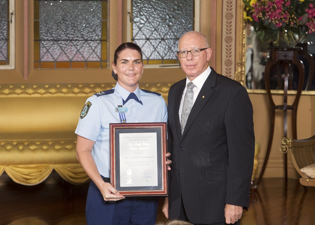 Senior Constable Vicky Bamford receiving her Royal Life Saving New South Wales 2016 Commendation Award from His Excellency General The Honourable David Hurley AC DSC (Ret'd), Governor of New South Wales. Senior Constable Vicky Bamford receiving her Royal Life Saving New South Wales 2016 Commendation Award from His Excellency General The Honourable David Hurley AC DSC (Ret'd), Governor of New South Wales.