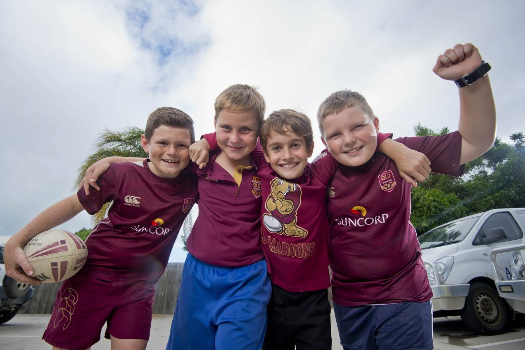 Budding Maroons supporters Mitch Dowling, 10, William Neighbour, 9, Harrison Leis, 9 and Kai Bruse, 9.Photo Paul Braven / The Observer Budding Maroons supporters Mitch Dowling, 10, William Neighbour, 9, Harrison Leis, 9 and Kai Bruse, 9.Photo Paul Braven / The Observer