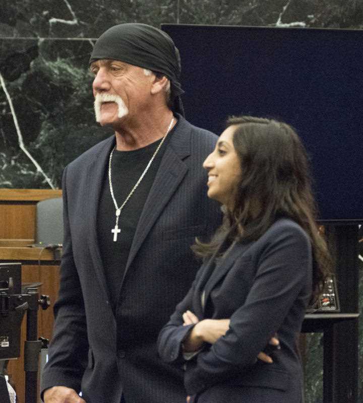Former professional wrestler Hulk Hogan, left, along with attorney Seema Ghatnekar prepare to take a break just after the jury was handed Hogan's case against Gawker Media for deliberations on Friday, March 18, 2016, in St. Petersburg, Fla. Hogan, whose given name is Terry Bollea, is suing Gawker for $100 million for posting a video of him having sex with his former best friend's wife. Former professional wrestler Hulk Hogan, left, along with attorney Seema Ghatnekar prepare to take a break just after the jury was handed Hogan's case against Gawker Media for deliberations on Friday, March 18, 2016, in St. Petersburg, Fla. Hogan, whose given name is Terry Bollea, is suing Gawker for $100 million for posting a video of him having sex with his former best friend's wife.