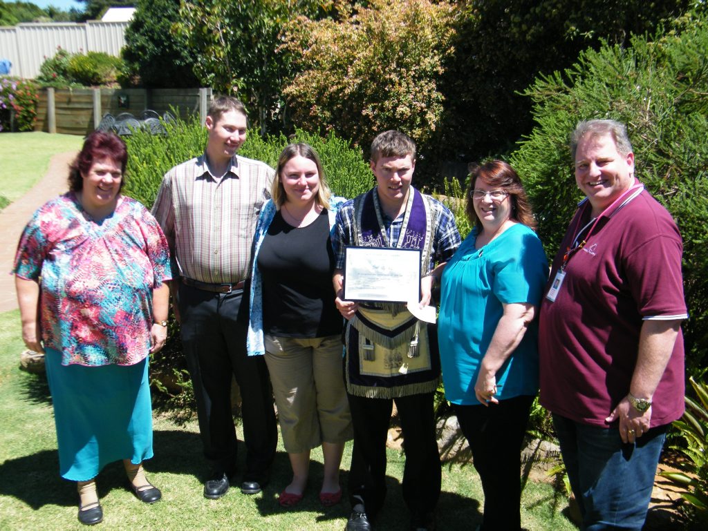 Manchester Unity Independent Order of Oddfellows representatives (from left) Lynne Newton, Ashley Newton, Emily Newton and Bradley Newton are pictured with Toowoomba Hospice Promotions and Fundraising Manager Mark Munro and Toowoomba Hospice Director of Nursing Allison Leech at the cheque presentation. 