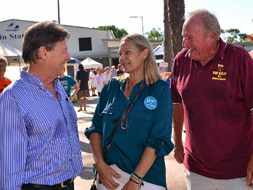 HOPEFULS: Noosa mayoral candidates at Tewantin State School at 8.30am on election day – Tony Wellington, Sandy Bolton and Ray Kelly.