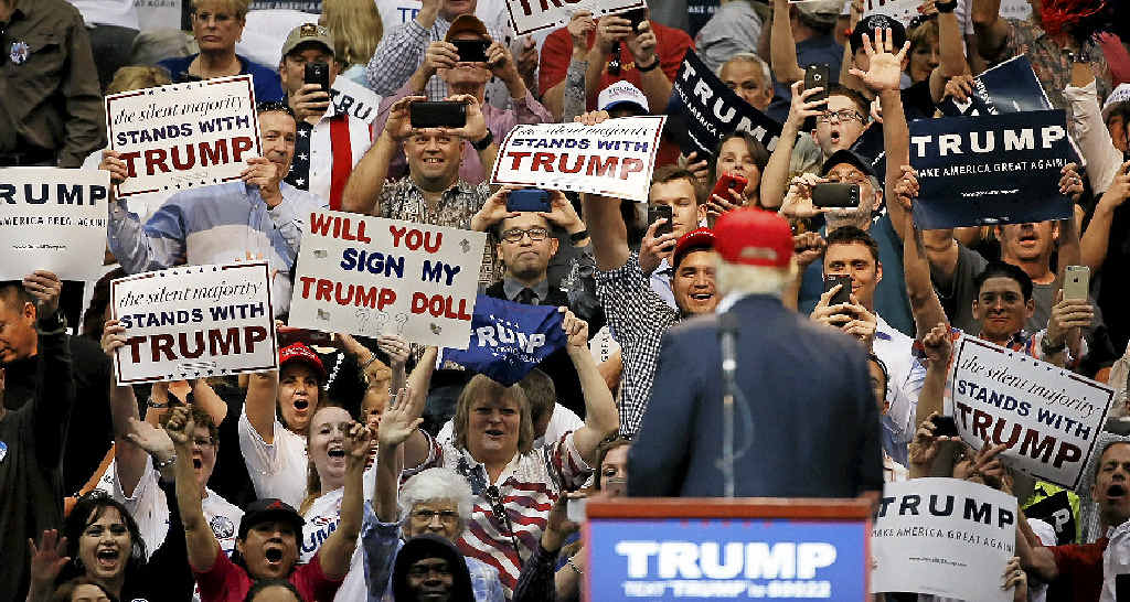 TURNAROUND: Donald Trump turns to face supporters in Tucson, Arizona. TURNAROUND: Donald Trump turns to face supporters in Tucson, Arizona.