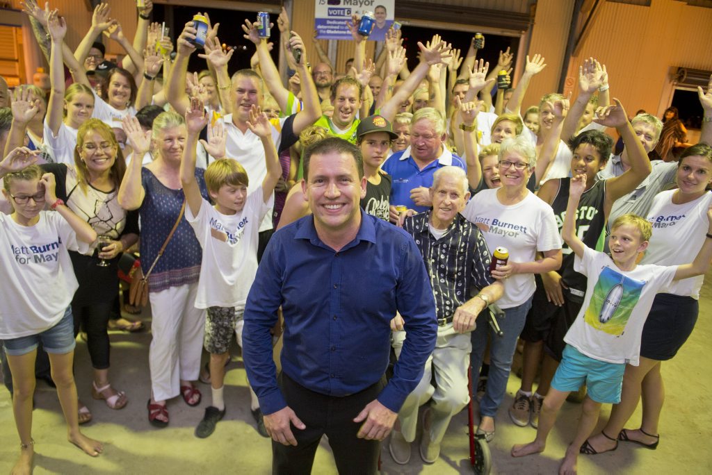 Matt Burnett celebrates with family and supporters after a mayoral win. Photo Paul Braven / The Observer Matt Burnett celebrates with family and supporters after a mayoral win. Photo Paul Braven / The Observer