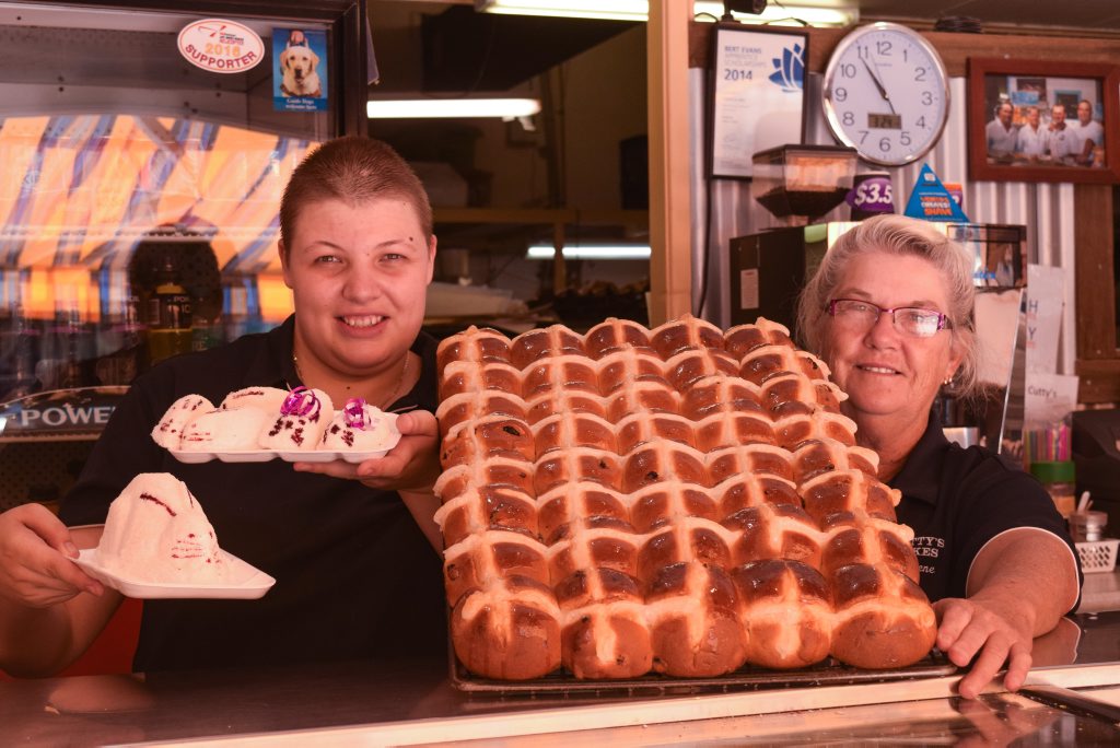 Cutty's Cakes Amber Hutchins cooking up a storm in the bakery with owner Kaylene Cutmore. Cutty's Cakes Amber Hutchins cooking up a storm in the bakery with owner Kaylene Cutmore.