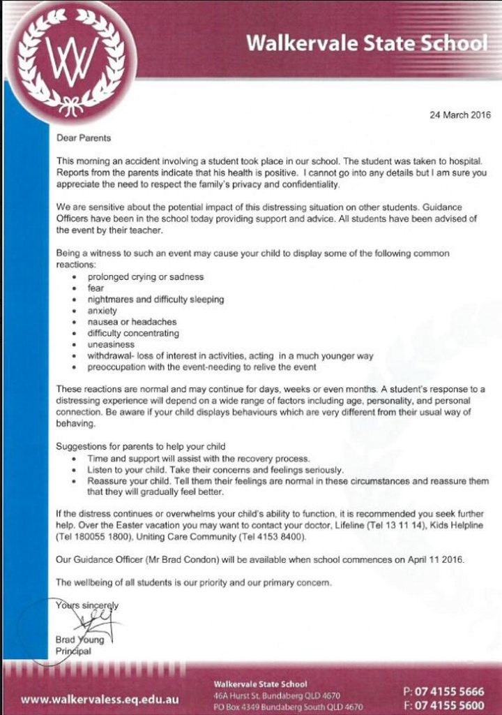 A letter from Walkervale State School after a boy fell from a window. Photo Contributed A letter from Walkervale State School after a boy fell from a window. Photo Contributed