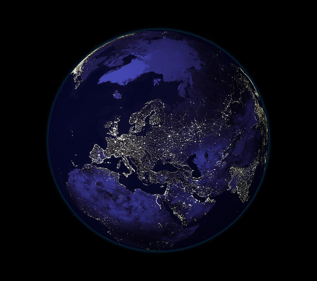 This undated image provided by the Smithsonian Institution showing streetlights on Earth at night, is part of an exhibit at the National Air and Space Museum in Washington entitled: Earth from Space. A dark blue layer was added to the image to show where land masses are located. European cities are especially bright, and in Egypt, lights glitter along the Nile. (AP Photo/Smithsonian)