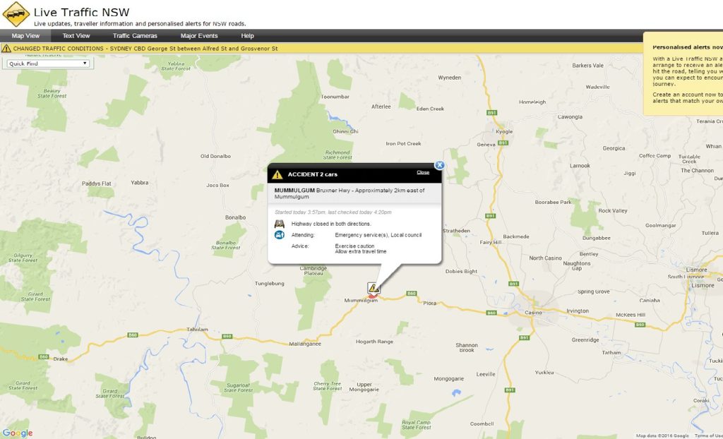 The live traffic website showing the location of a fatal crash on the Bruxner Highway at Mummulgum. Motorists are advised to avoid the area. Photo: Contributed The live traffic website showing the location of a fatal crash on the Bruxner Highway at Mummulgum. Motorists are advised to avoid the area. Photo: Contributed