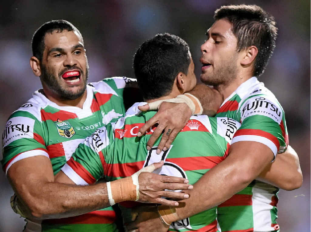 HEADING SOUTHS’ WAY: Cody Walker (centre) is congratulated by Rabbitohs teammates Greg Inglis (left) and Christopher Grevsmuhl after scoring a try at Brookvale Oval. HEADING SOUTHS’ WAY: Cody Walker (centre) is congratulated by Rabbitohs teammates Greg Inglis (left) and Christopher Grevsmuhl after scoring a try at Brookvale Oval.