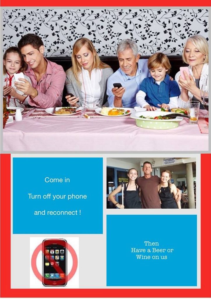 My Place Bar and Restaurant at Coolum is offering a free beer or wine to lunch or dinner customers who turn off their mobile phones for the entirety of their meal. My Place Bar and Restaurant at Coolum is offering a free beer or wine to lunch or dinner customers who turn off their mobile phones for the entirety of their meal.
