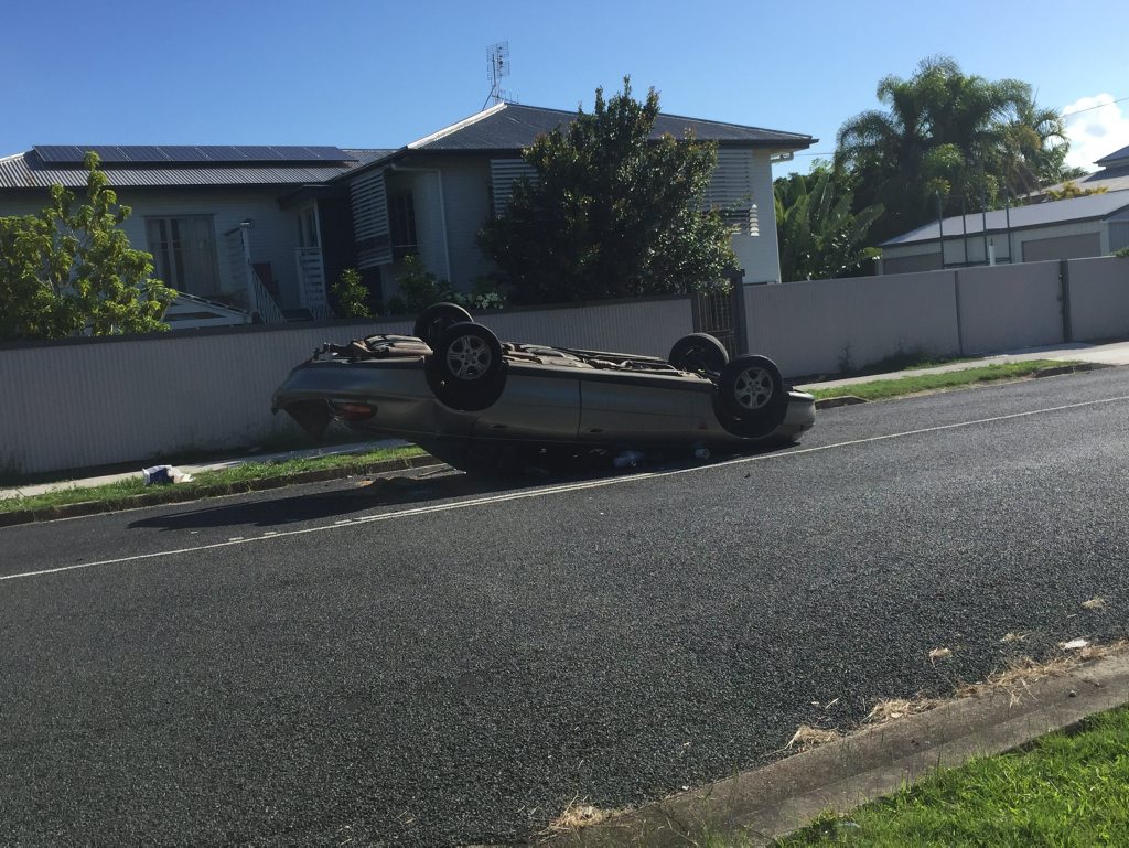 CRASH: A car was left on its roof after a two-car crash on Churchill and Tooley streets in Maryborough. photo Carlie Walker / Fraser Coast Chronicle CRASH: A car was left on its roof after a two-car crash on Churchill and Tooley streets in Maryborough. photo Carlie Walker / Fraser Coast Chronicle