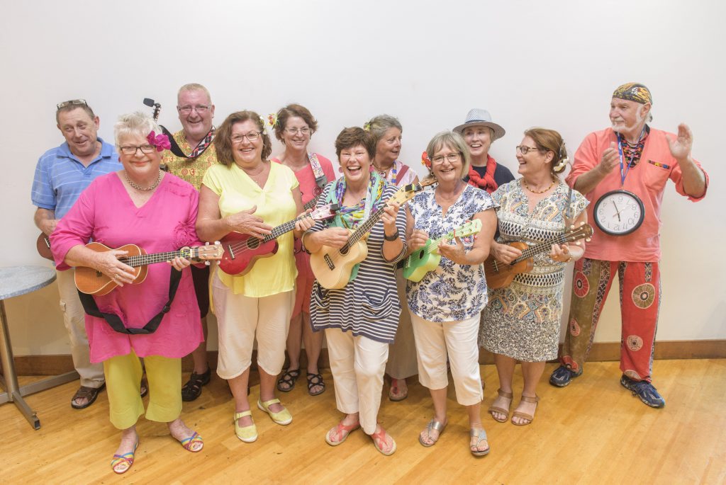 The Active and Outrageous seniors uke group get ready to take the stage at the Yamba Seniors Expo. The Active and Outrageous seniors uke group get ready to take the stage at the Yamba Seniors Expo.