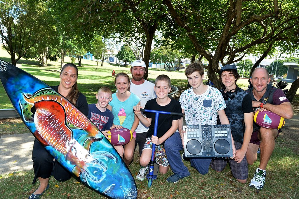 Kim Collins, Trysten and Chloe Devine, Dave Palmer, Anikin Jones, Zac Zmith, Keegan Foster and Darren Burns are excited for National Youth Week events. Photo Renee Albrecht/Gympie Times Kim Collins, Trysten and Chloe Devine, Dave Palmer, Anikin Jones, Zac Zmith, Keegan Foster and Darren Burns are excited for National Youth Week events. Photo Renee Albrecht/Gympie Times