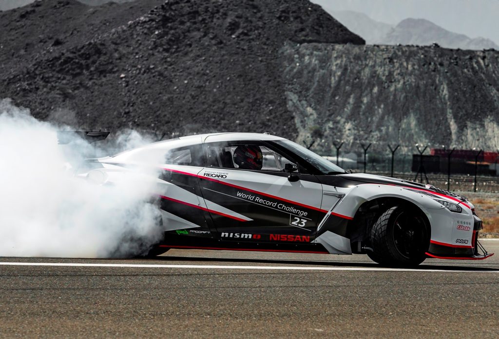 MY16 Nissan GT-R NISMO breaks the drifting speed world record at Fujairah International Airport, UAE, at 304.96kmh. Photo: Contributed MY16 Nissan GT-R NISMO breaks the drifting speed world record at Fujairah International Airport, UAE, at 304.96kmh. Photo: Contributed