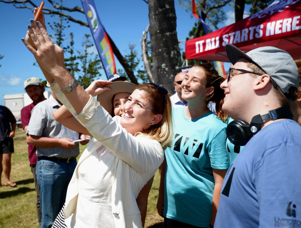 Minister for Youth Shannon Fentiman taking selfies with Keppel MP Brittany Lauga and kids at the launch of National Youth Week in Yeppoon Photo Trinette Stevens / Morning Bulletin