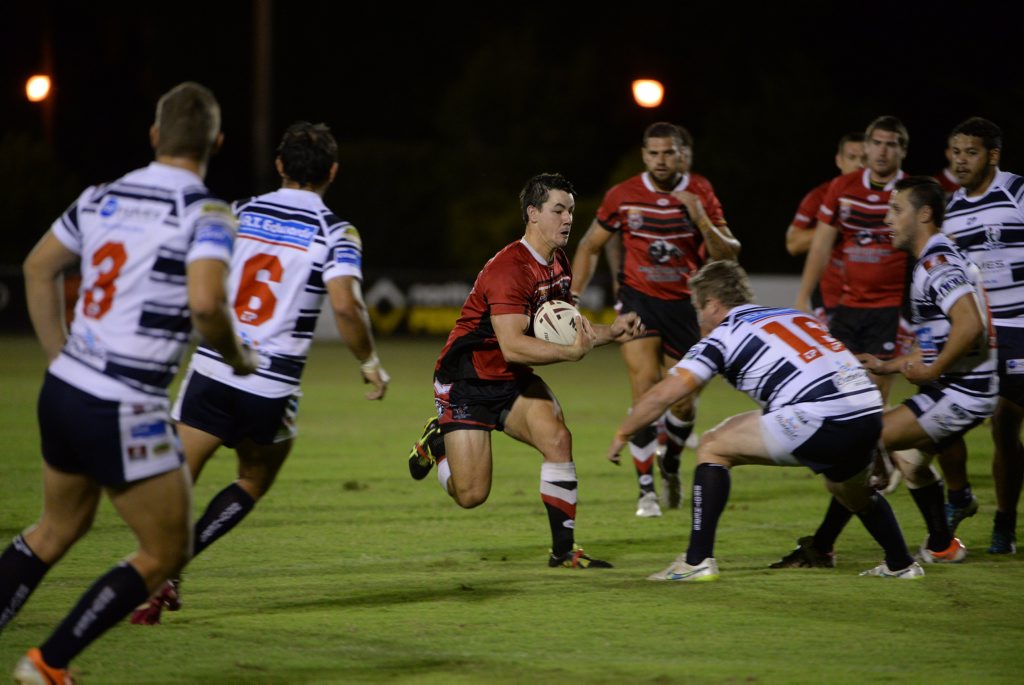 Image for sale: DEFENSIVE WALL: James Pritchard races forward for Wests in the Salters Oval men's A Grade game. Photo: Paul Donaldson / NewsMail