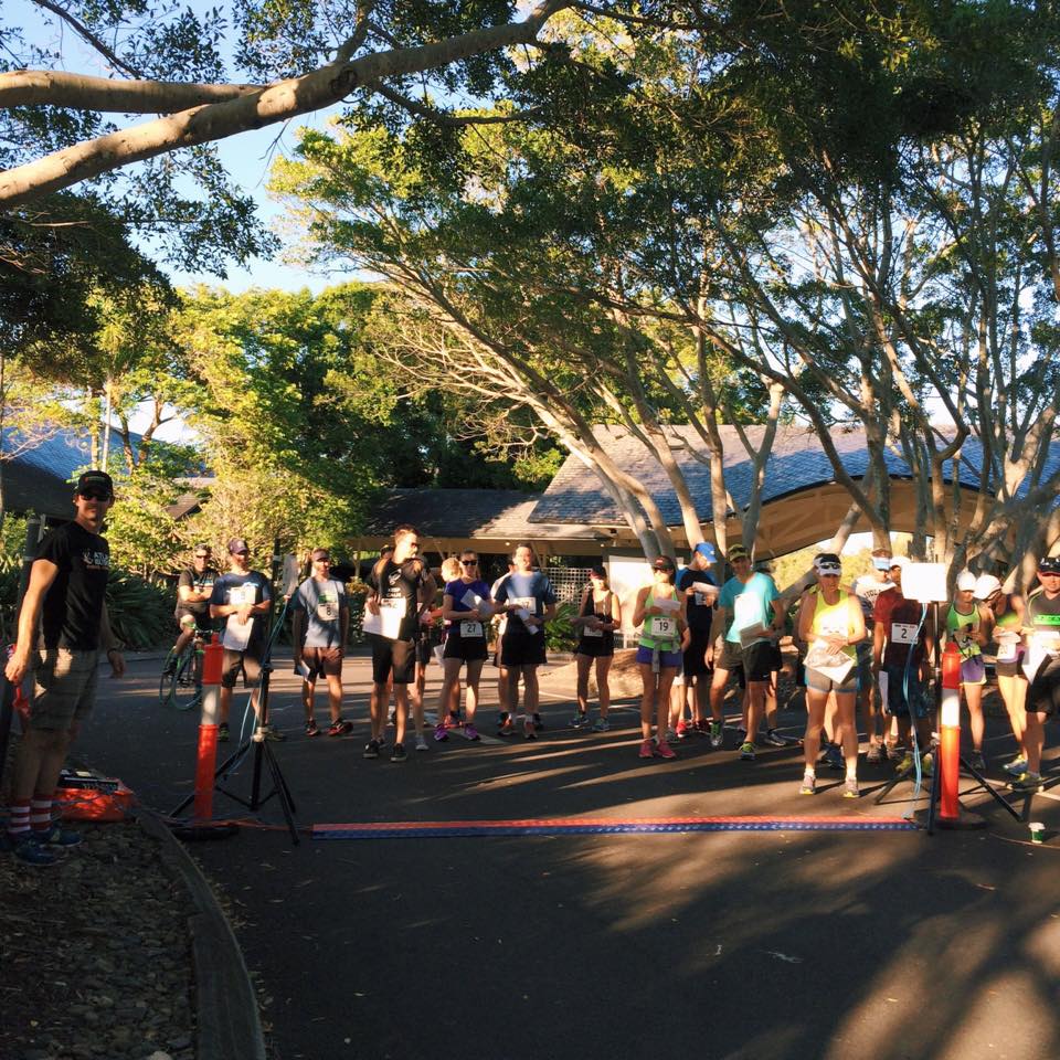Runners begin the course. Runners begin the course.