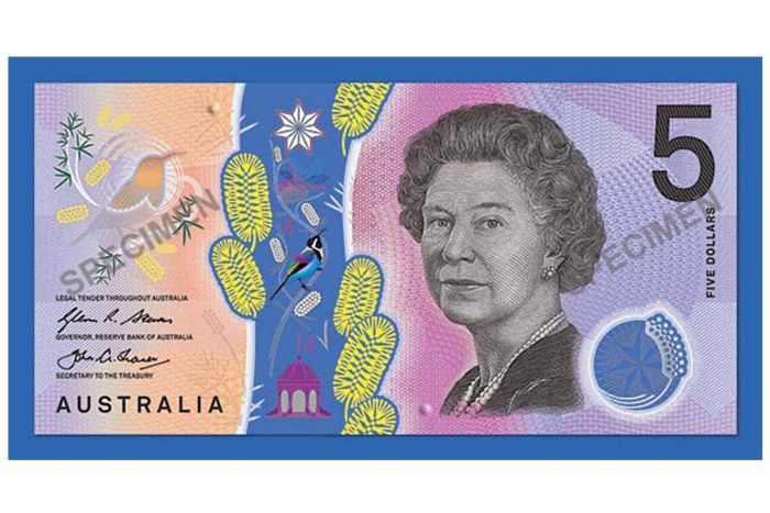 Basic design artwork for the signature side of the new Australian $5 banknote.
Basic design artwork for the signature side of the new Australian $5 banknote.