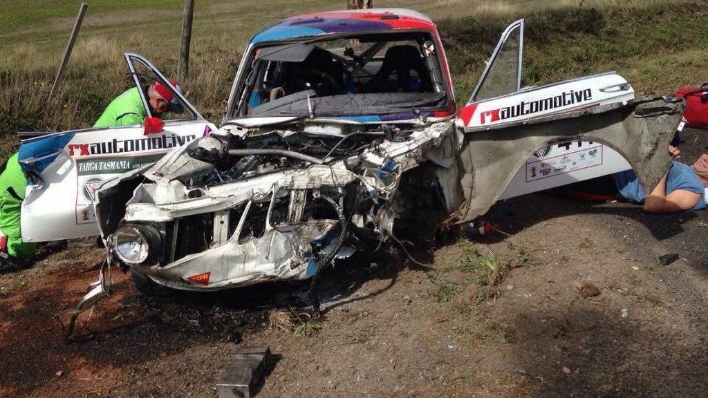 TARGA CRASH: The remains of Rob and Ben van Wegen's 1968 BMW 2002 Ti following an accident on day one of the Targa Tasmania. Photo: Ben van Wegen TARGA CRASH: The remains of Rob and Ben van Wegen's 1968 BMW 2002 Ti following an accident on day one of the Targa Tasmania. Photo: Ben van Wegen
