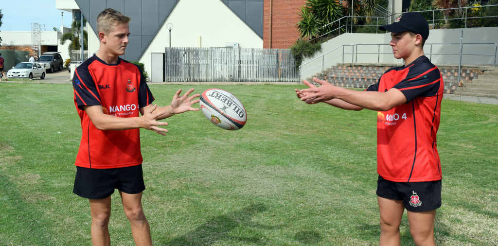 EYES ON THE PRIZE: Rockhampton Grammar rugby union teammates Leighton Milburn and Austen Routley show off their skills. EYES ON THE PRIZE: Rockhampton Grammar rugby union teammates Leighton Milburn and Austen Routley show off their skills.
