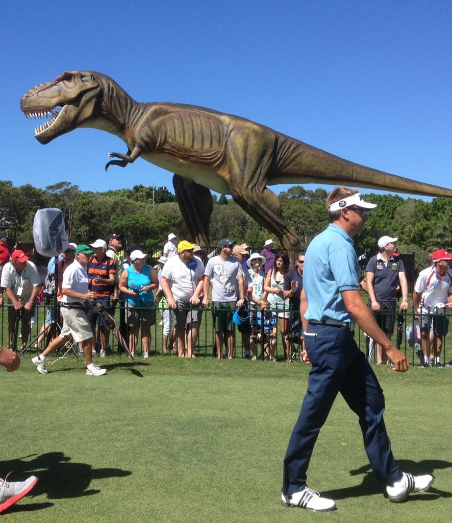 Robert Allenby, pictured here on Queensland's Sunshine Coast, walking past Clive Palmer's dinosaur at the Palmer Coolum Resort. Robert Allenby, pictured here on Queensland's Sunshine Coast, walking past Clive Palmer's dinosaur at the Palmer Coolum Resort.