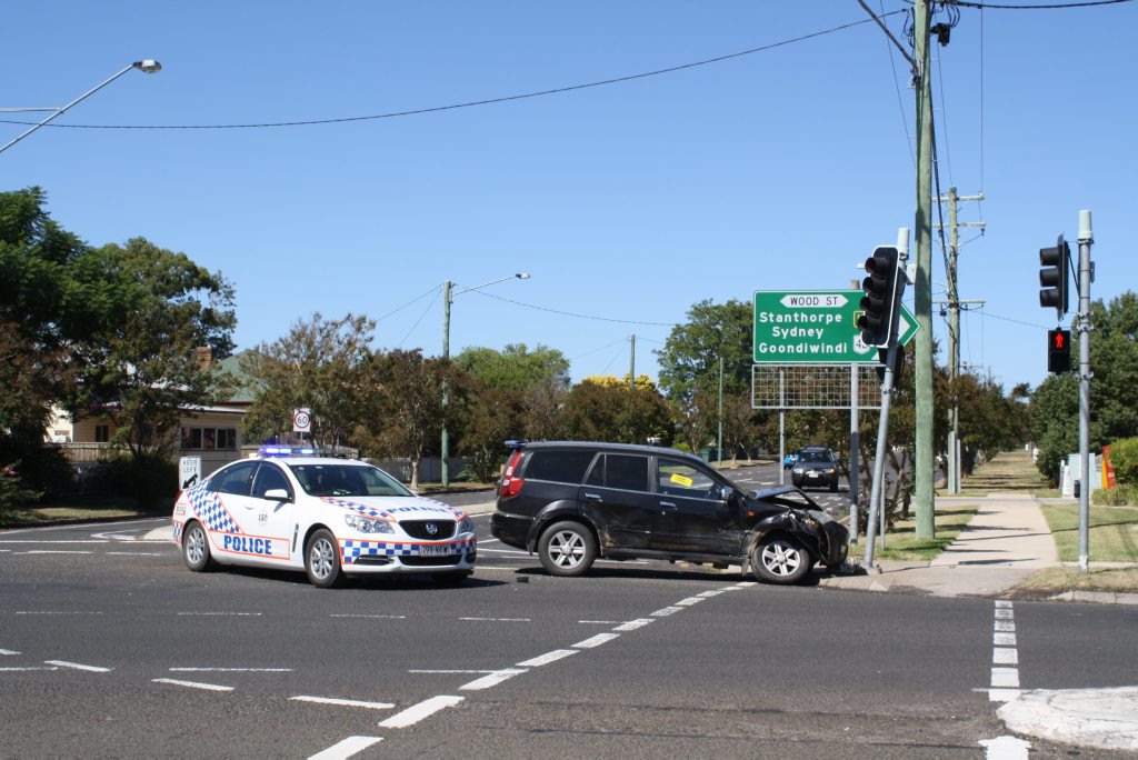 Two cars crashed at the intersection of Wood and Albion St in Warwick on Wednesday. Photo Jayden Brown / Warwick Daily News Two cars crashed at the intersection of Wood and Albion St in Warwick on Wednesday. Photo Jayden Brown / Warwick Daily News