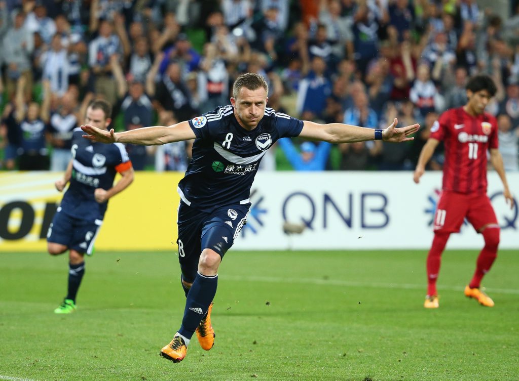KEY MAN: Besart Berisha of Melbourne Victory celebrates after scoring a penalty during the AFC Asian Champions League match between Melbourne Victory and Shanghai Sipg on February 24. KEY MAN: Besart Berisha of Melbourne Victory celebrates after scoring a penalty during the AFC Asian Champions League match between Melbourne Victory and Shanghai Sipg on February 24.