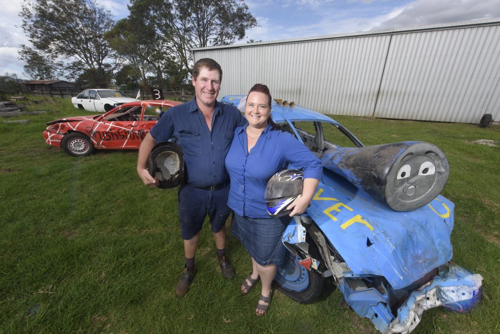 Daniel and Anita Moran of Townsend with the shells of their broken cars after Anita beat Daniel in the demolition derby at Maclean Show. Daniel and Anita Moran of Townsend with the shells of their broken cars after Anita beat Daniel in the demolition derby at Maclean Show.