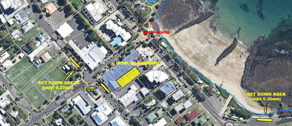 ANZAC DAY: This map shows where to park and set down passengers for the Dawn Service at Bargara. ANZAC DAY: This map shows where to park and set down passengers for the Dawn Service at Bargara.
