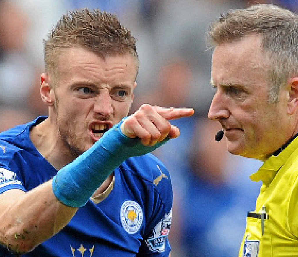Jamie Vardy has a go at referee Jon Moss are being sent off. Jamie Vardy has a go at referee Jon Moss are being sent off.