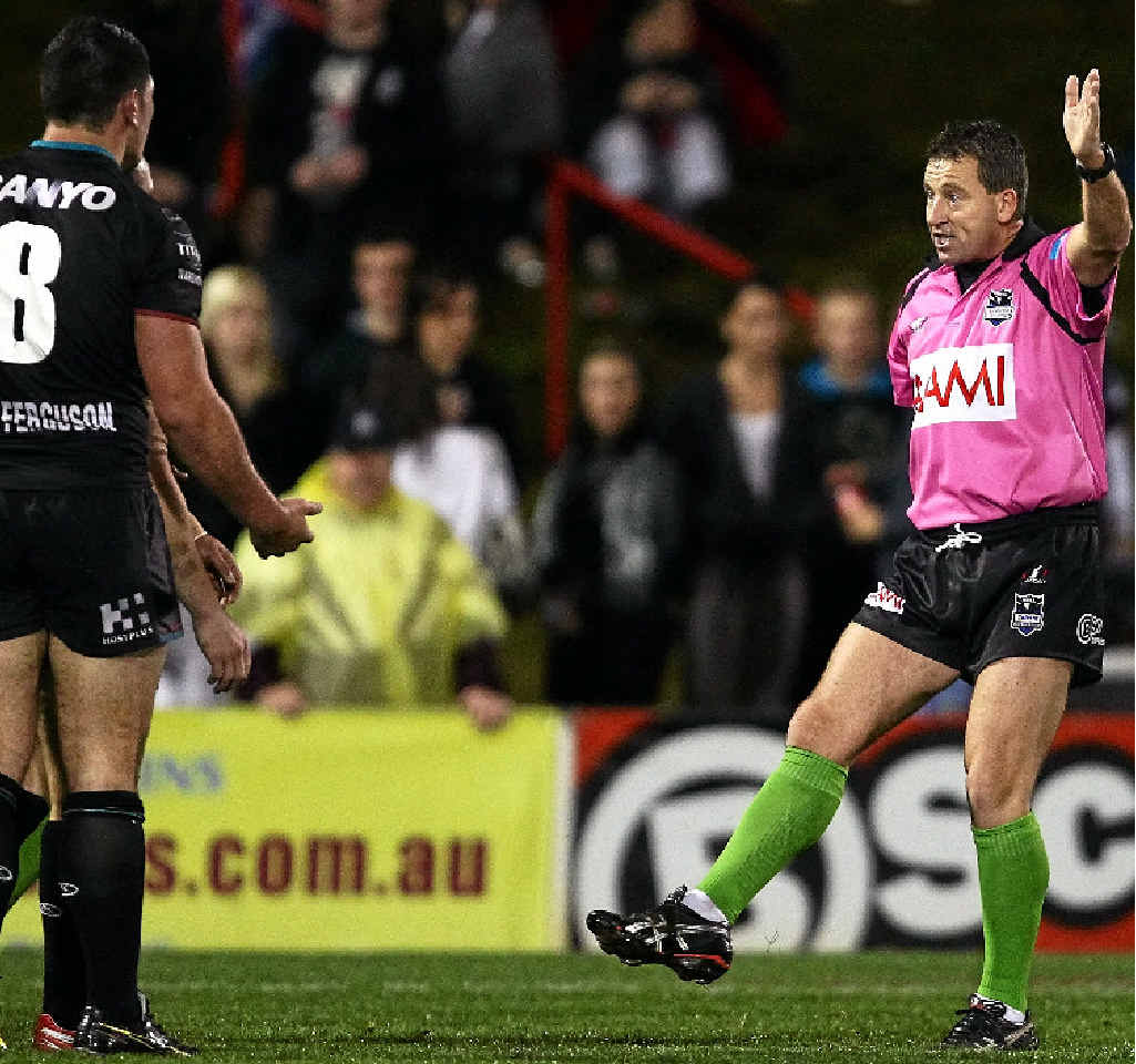 TIME FOR CHANGE: Referee Steve Lyons penalises and puts on report a Penrith player for a trip in a match in 2010. TIME FOR CHANGE: Referee Steve Lyons penalises and puts on report a Penrith player for a trip in a match in 2010.