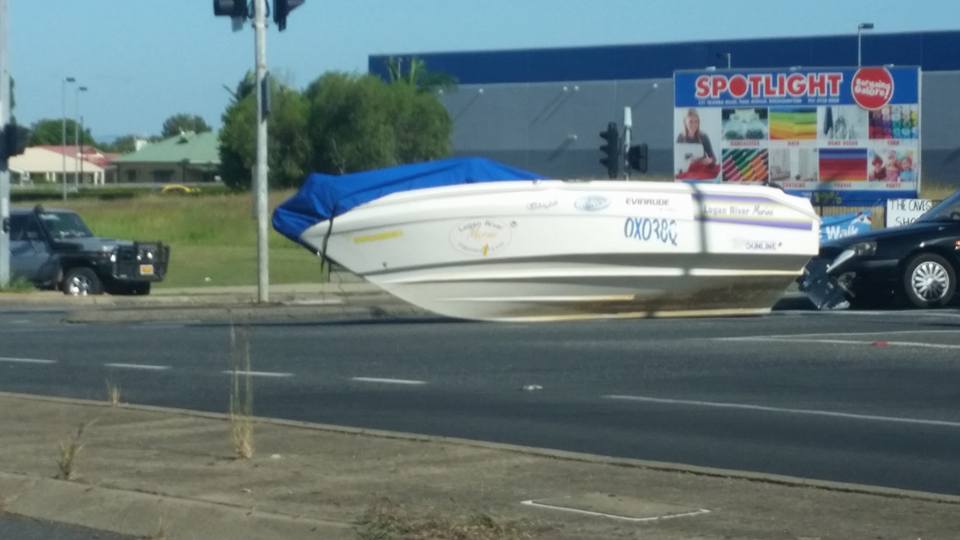 A boat is on the road on the Bruce Highway near Stockland Rockhampton following a single vehicle crash A boat is on the road on the Bruce Highway near Stockland Rockhampton following a single vehicle crash