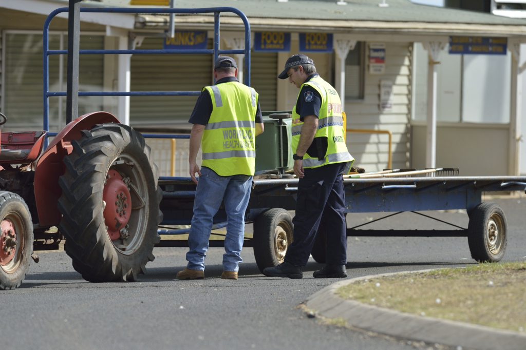 Police at the scene of a fatal workplace incident at Toowoomba Showgrounds. Police at the scene of a fatal workplace incident at Toowoomba Showgrounds.
