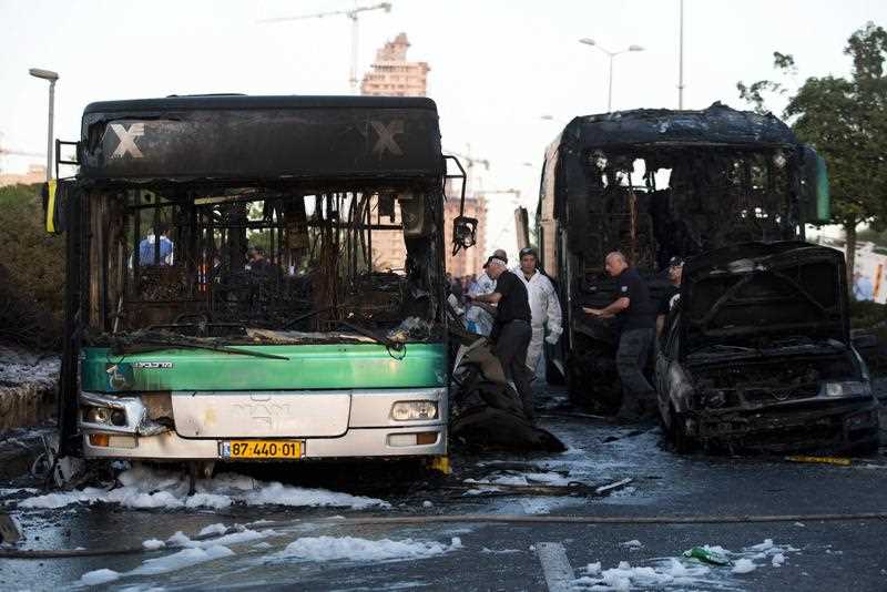 Israeli security officials investigate the scene following an explosion in Jerusalem, Israel, 18 April 2016. Israeli police report that the explosion was a result of an improvised explosive device (IED), likely at the back of the bus. Two other vehicles were damaged in the explosion. Medics reported 18 people were wounded in the explosion Israeli security officials investigate the scene following an explosion in Jerusalem, Israel, 18 April 2016. Israeli police report that the explosion was a result of an improvised explosive device (IED), likely at the back of the bus. Two other vehicles were damaged in the explosion. Medics reported 18 people were wounded in the explosion