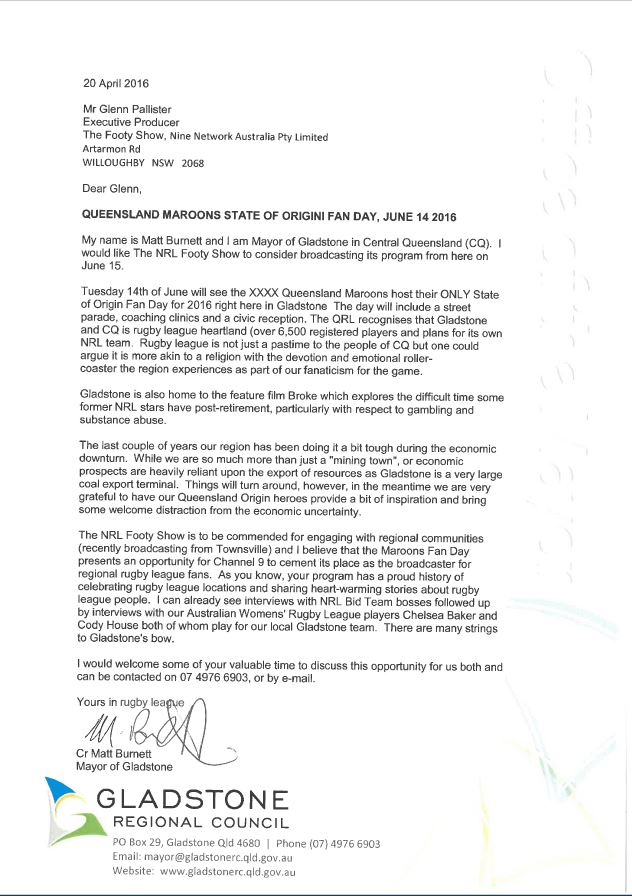 Gladstone mayor Matt Burnett's letter to the NRL Footy Show. 