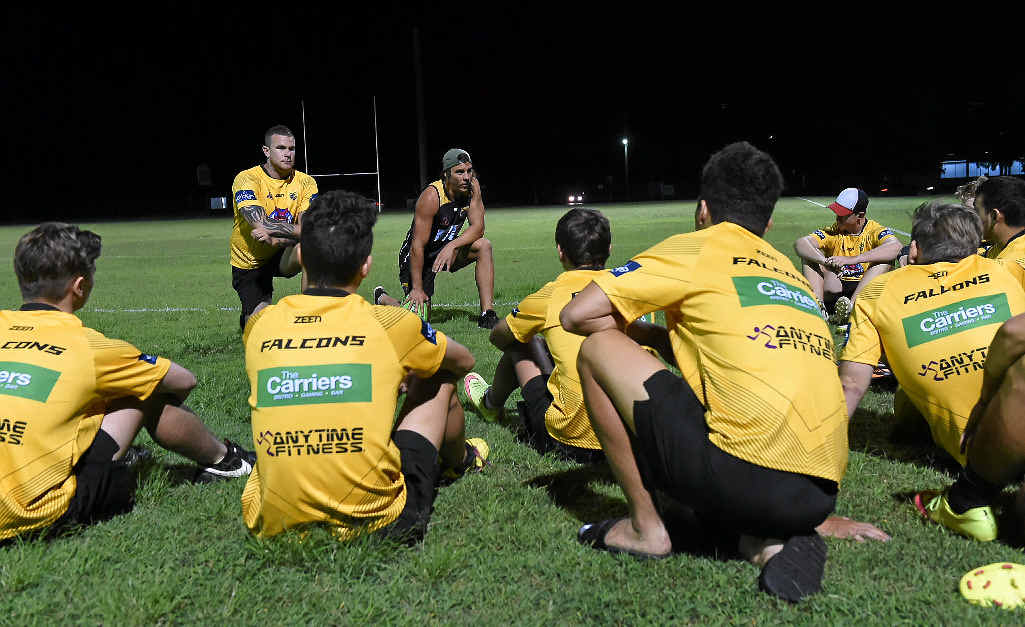 PRE-SESSION TALK: NRL Development officers Tye Ingebrigtsen (left) and Tom Murphy (right) address the Fraser Coast Falcons Development Squad. PRE-SESSION TALK: NRL Development officers Tye Ingebrigtsen (left) and Tom Murphy (right) address the Fraser Coast Falcons Development Squad.