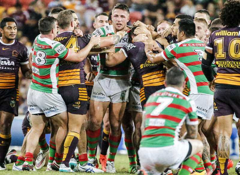 A melee breaks out between the Broncos and Rabbitohs including Sam Burgess of the Rabbitohs during Round 8 of the NRL match between Brisbane Broncos and South Sydney Rabbitohs at Suncorp Stadium,Brisbane, Friday, April 22, 2016. A melee breaks out between the Broncos and Rabbitohs including Sam Burgess of the Rabbitohs during Round 8 of the NRL match between Brisbane Broncos and South Sydney Rabbitohs at Suncorp Stadium,Brisbane, Friday, April 22, 2016.