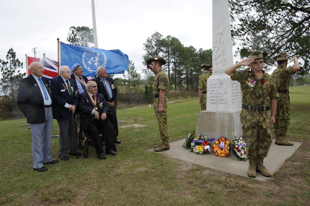 Invited Korean Veterans (from left) Mick Judge, Ken Geisler, John Fitzpatrick, Snow McClymont and seated Jack Leigh are at the Ramornie Cenotaph with the 24th Army Cadet Unit Grafton during the ANZAC Commemoration service at Ramornie on Sunday, 24th April 2016. Photo Debrah Novak / The Daily Examiner Invited Korean Veterans (from left) Mick Judge, Ken Geisler, John Fitzpatrick, Snow McClymont and seated Jack Leigh are at the Ramornie Cenotaph with the 24th Army Cadet Unit Grafton during the ANZAC Commemoration service at Ramornie on Sunday, 24th April 2016. Photo Debrah Novak / The Daily Examiner