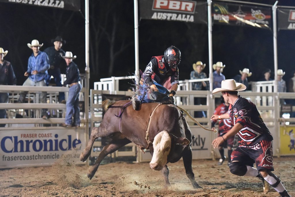 PBR Bull Riding event at the Seafront Oval, Hervey Bay. Dave Kennedy on Nek Minut. Photo: Alistair Brightman / Fraser Coast Chronicle PBR Bull Riding event at the Seafront Oval, Hervey Bay. Dave Kennedy on Nek Minut. Photo: Alistair Brightman / Fraser Coast Chronicle