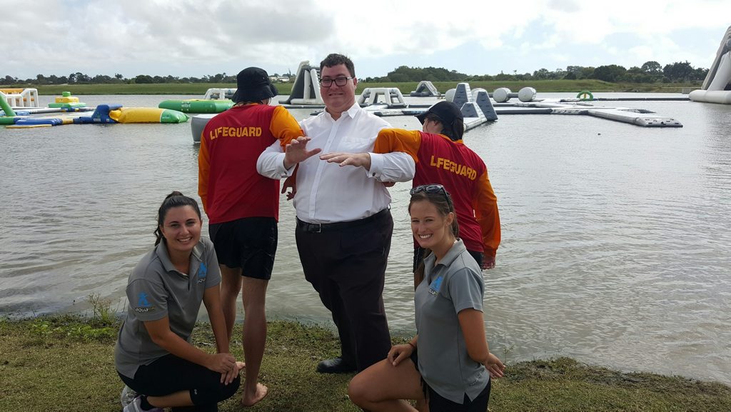 Aqua Fun Park Mackay manager Amanda Pelagalli, lifeguards Will Webley and Tess Search, and assistant manager Amy Paul use their powers of persuasion to get Dawson MP George Christensen involved in their quest to stay afloat. Aqua Fun Park Mackay manager Amanda Pelagalli, lifeguards Will Webley and Tess Search, and assistant manager Amy Paul use their powers of persuasion to get Dawson MP George Christensen involved in their quest to stay afloat.