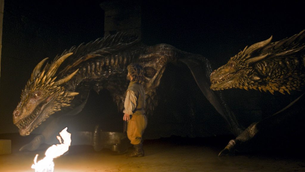Peter Dinklage as Tyrion Lannister with two dragons in season six episode two of Game of Thrones. Peter Dinklage as Tyrion Lannister with two dragons in season six episode two of Game of Thrones.