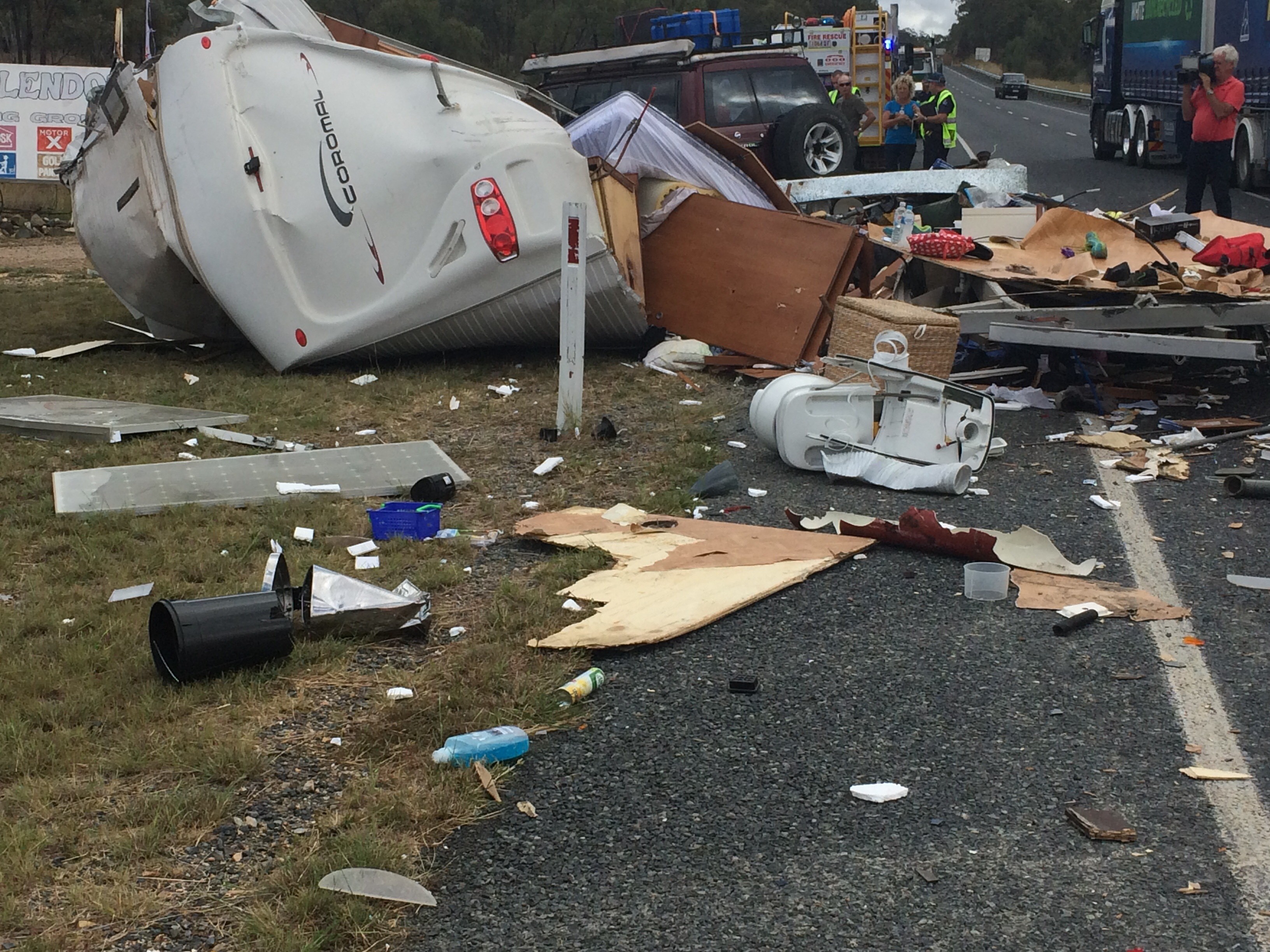 The crash wreckage on the Cunningham Hwy west of Warwick. The crash wreckage on the Cunningham Hwy west of Warwick.