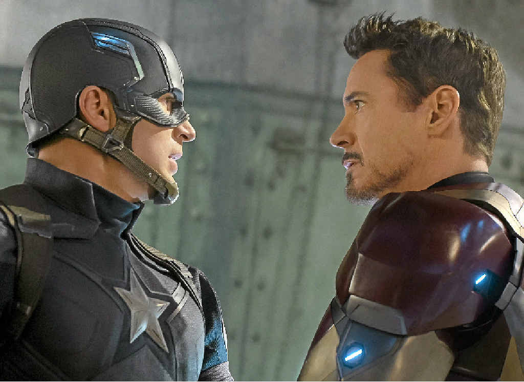 FOR REVIEW AND PREVIEW PURPOSES ONLY. Chris Evans and Robert Downey Jr in a scene from the movie Captain America: Civil War. Supplied by Disney. Please credit photo to Zade Rosenthal. ©Marvel 2016Zade Rosenthal