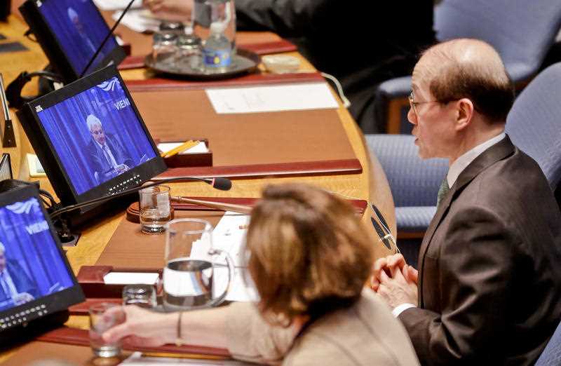 China's U.N. Ambassador and current Security Council president Liu Jieyi, right, listens as U.N. humanitarian chief Stephen O'Brien reports to the council in a live broadcast on the bombing of a hospital in Syria, Thursday April 28, 2016 at U.N. headquarters. China's U.N. Ambassador and current Security Council president Liu Jieyi, right, listens as U.N. humanitarian chief Stephen O'Brien reports to the council in a live broadcast on the bombing of a hospital in Syria, Thursday April 28, 2016 at U.N. headquarters.